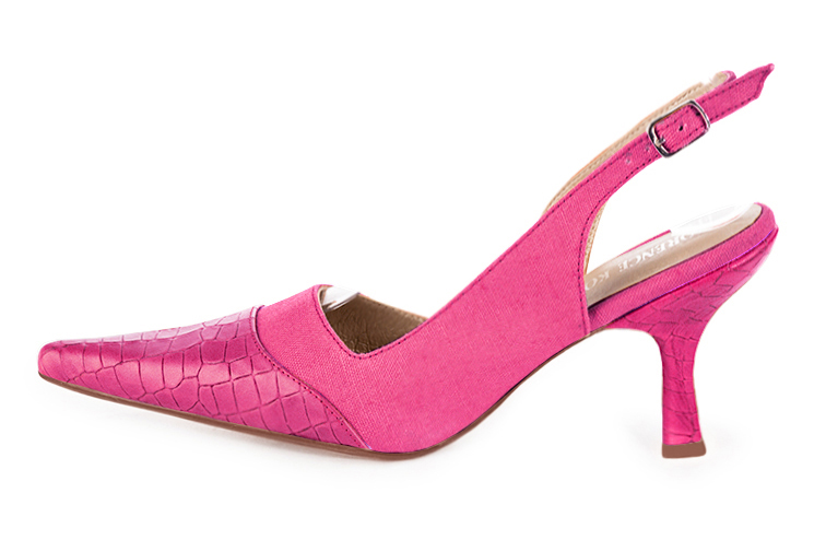 Fuschia pink women's slingback shoes. Pointed toe. High spool heels. Profile view - Florence KOOIJMAN